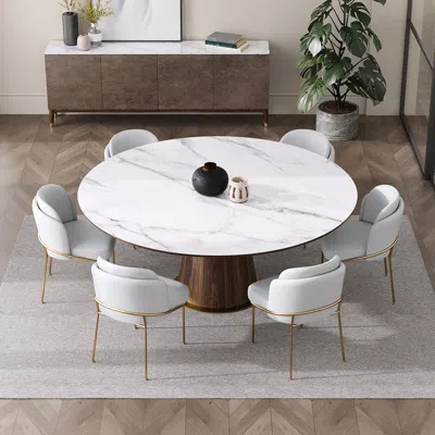 Homary Mid-century Modern 7 Piece Dining Room Sets 48" Round Dining Table White 6 Side Chairs