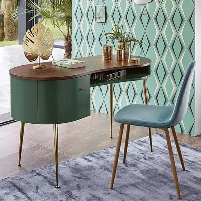 Homary Mid-century Modern Curved Office Desk Computer Desk With Shelf & Storage In Green