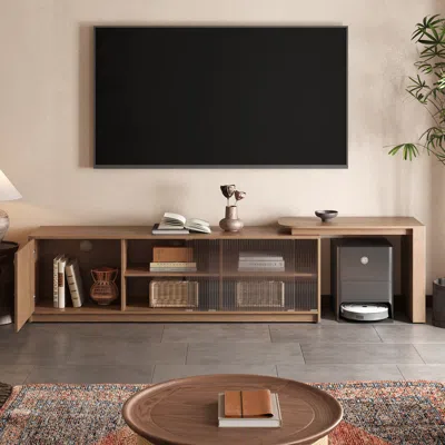 Homary Mid-century Modern Extendable Tv Stand Walnut Rectangle Media Console With Glass Door In Brown