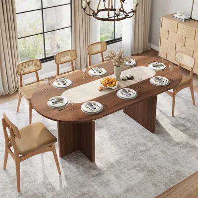 Homary Mid-century Oval Dining Table With Faux Marble Top And Plywood Base For 8 People Modern In Brown