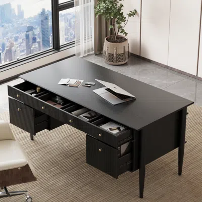 Homary Mid-century Solid Wood Home Office Desk With 6 Drawers Black Executive Writing Desk (64")
