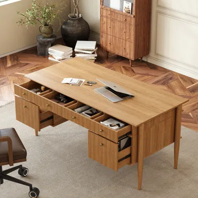 Homary Mid-century Solid Wood Home Office Desk With 6 Drawers Natural Executive Writing Desk (64") In Brown