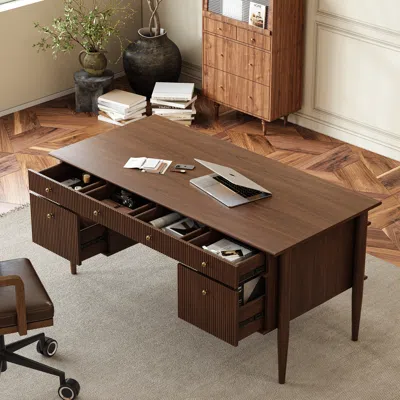 Homary Mid-century Solid Wood Home Office Desk With 6 Drawers Walnut Executive Writing Desk (64") In Brown