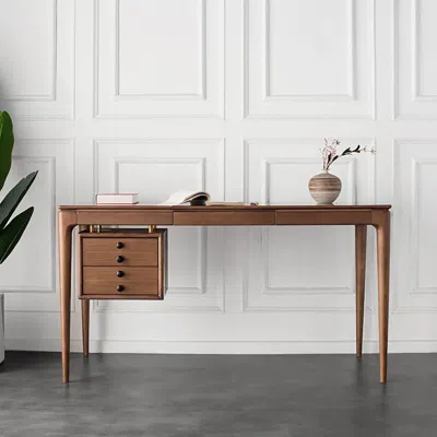 Homary Mid-century Style Walnut Ash Wood Writing Desk Home Office Desk With 3 Drawers Office Furniture (55. In Brown