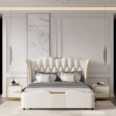 Homary Minimalist Design Nightstand With 2 Drawers With Gold Base King Size Upholstered Bed Frame With Tuft In White
