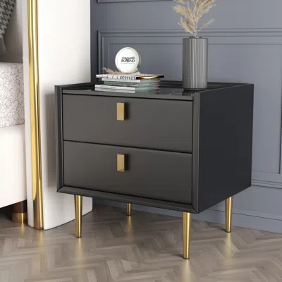 Homary Modern 2 Drawers Pu Leather Bedside Table Nightstand With Gold Metal Legs In Black