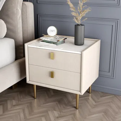 Homary Modern 2 Drawers Pu Leather Bedside Table Nightstand With Gold Metal Legs Set Of 2 In White