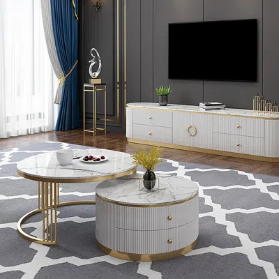 Homary Modern 2 Pieces White Round Nesting Wooden Coffee Table With Drawers Sintered Stone Top