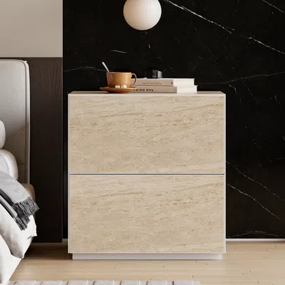 Homary Modern 24"w Faux Travertine Nightstand 2 Drawer Bedside Table Set Of 2 In Brown