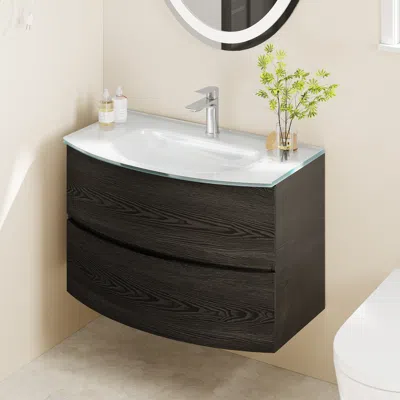 Homary Modern 31.5" Floating Bathroom Vanity With One-piece Glass Basin 2 Drawers In Black
