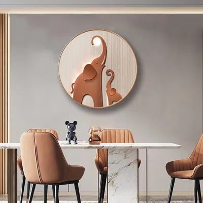 Homary Modern 3d Aluminium Alloy Round Elephant Wall Decor For Living Room Cute Painting With Frame In Brow In Pink