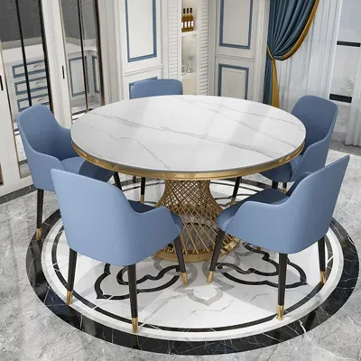 Homary Modern 51" Round Dining Table Faux Marble Tabletop & Golden Stainless Steel Pedestal In Blue