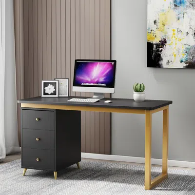 Homary Modern 55" Black Wooden Home Office Writing Desk With Drawers In Gold