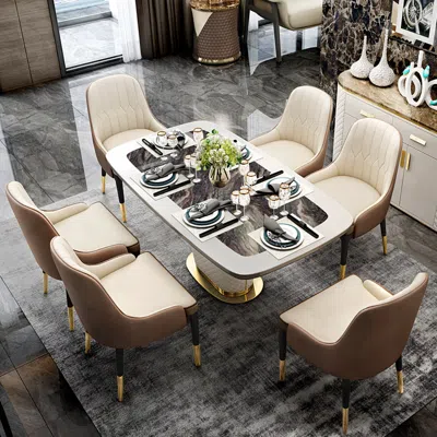 Homary Modern 63" Marble Rectangular Pedestal Dining Table Pu Leather&stainless Steel In Gold In Brown