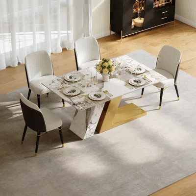 Homary Modern 63" Rectangle Faux Marble Dining Table With 4 Chairs In Gold In White