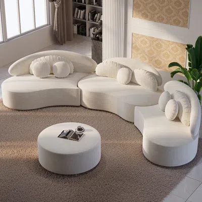 Homary Modern 7 Seat Sectional Sofa Curved Modular Beige Velvet Upholstered With Ottoman In White