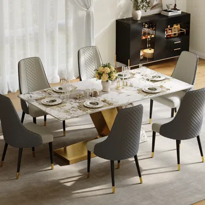 Homary Modern 71" Rectangle Faux Marble Dining Table With 6 Chairs In Gold In Multi