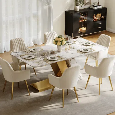 Homary Modern 79" Rectangle Faux Marble Dining Table With 6 Chairs In Gold In Neutral