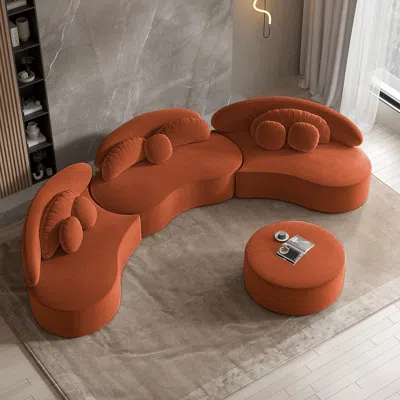 Homary Modern 7-seat Sofa Curved Sectional Modular Orange Velvet Upholstered With Ottoman