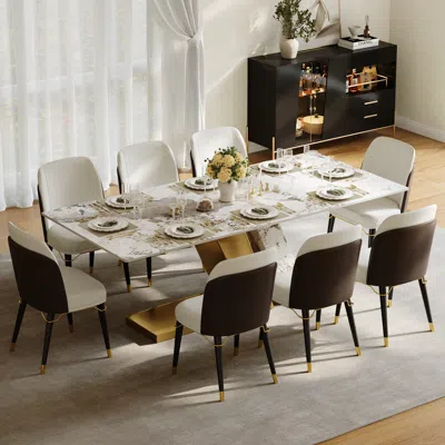 Homary Modern 87" Rectangle Faux Marble Dining Table With 8 Chairs In Gold In Multi