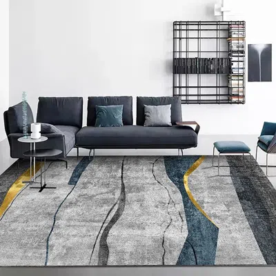 Homary Modern Abstract Gray And Gold Rug Rectangle 5' X 7' Area Rug In Blue