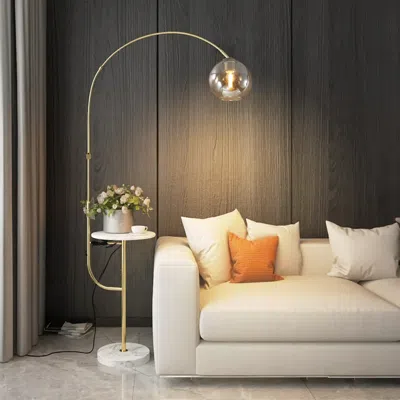 Homary Modern Arc Floor Lamp With Shelf & Wireless Charger & Usb Charging Port In White
