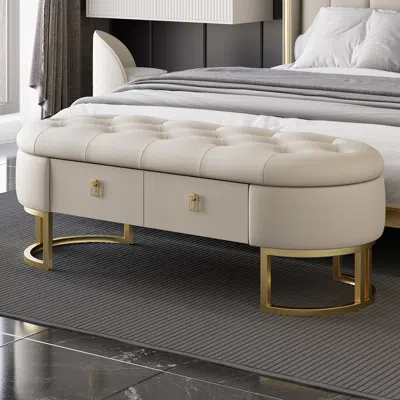 Homary Modern Beige Bedroom Storage Tufted Bench With 2 Drawers In Leather Upholstery In White