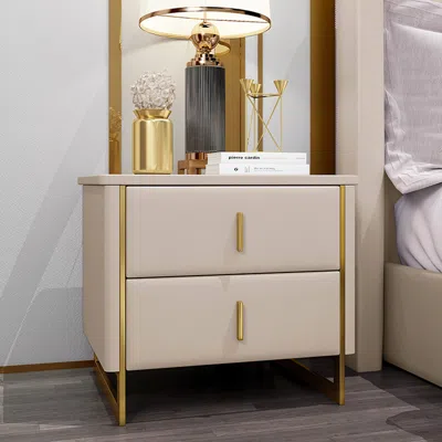 Homary Modern Beige Nightstand 2-drawer Faux Leather Bedside Table In Gold Set Of 2 In Neutral