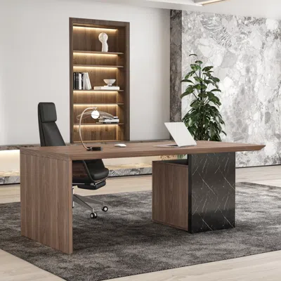 Homary Modern Black & Walnut Wooden Home Office Desk With Movable File Cabinet Office Furniture (70.9") In Brown