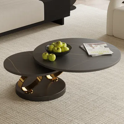 Homary Modern Black Extendable Coffee Table With Ring-shaped Metal Pedestal In Brown