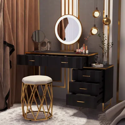 Homary Modern Black Extendable Makeup Vanity 5 Drawers Dressing Table Set With Stool And Mirror