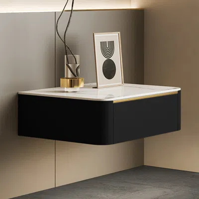 Homary Modern Black Floating Nightstand 1 Drawer Bedside Table With Sintered Stone Top
