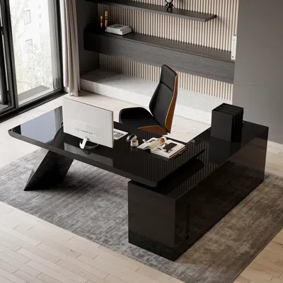 Homary Modern Black Large L-shape Executive Desk With Drawers & Cabinet Left Hand Office Furniture (70.9'')