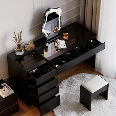 Homary Modern Black Makeup Vanity Set With Lighted Vanity Mirror & Charging Station & Jewelry Storage Dress