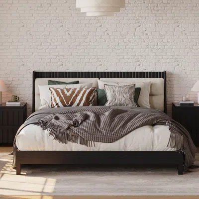 Homary Modern Black Queen Size Solid Wood Bed With Boucle Headboard Pillows In Multi