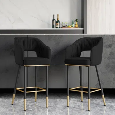 Homary Modern Black Velvet Upholstered Bar Stool With Low Back & Footrest