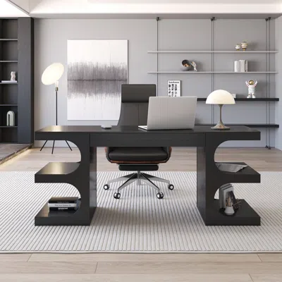 Homary Modern Black Writing Desk Office Desk With 1 Drawer & 4 Open Shelves Office Furniture (64.2")