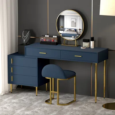 Homary Modern Blue Makeup Vanity Set Retracted Dressing Table Cabinet&stool&mirror Included