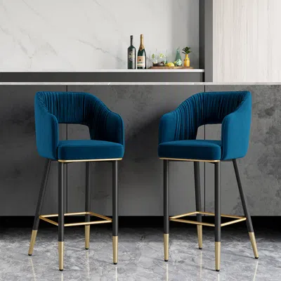 Homary Modern Blue Velvet Counter Height Bar Stool With Back & Metal Footrest