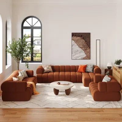 Homary Modern Boucle Rust Upholstered Accent Chair 118" Channeled 3-piece Boucle Sectional L-shaped Sofa Wi In Brown