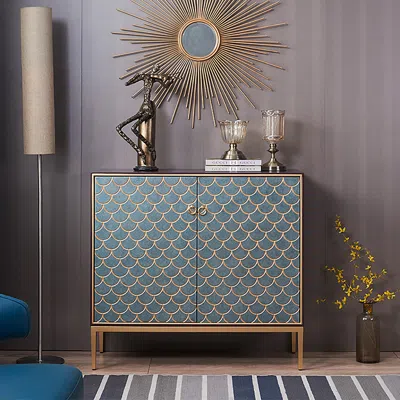 Homary Modern Cabinet Scale Patterned Sideboard Buffet With Doors & Shelves In Small In Blue