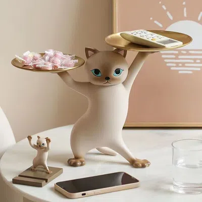 Homary Modern Cat Resin Figurine With Gold Desk Storage Tray In Neutral
