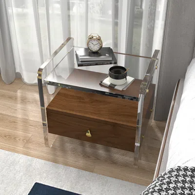 Homary Modern Clear Acrylic Wood Nightstand With Storage & Shelf For Bedroom In Brown