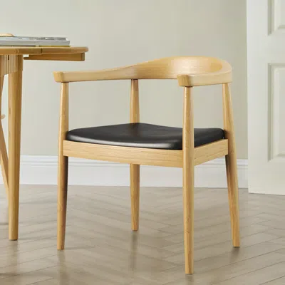 Homary Modern Curved Back Dining Chair Upholstered Leather Natural Wooden Armchair In Brown