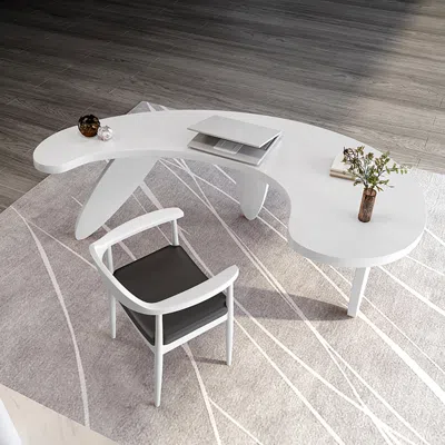 Homary Modern Curved White Wood Executive Desk, 140 Cm Straight Desk With 3 Oval Legs