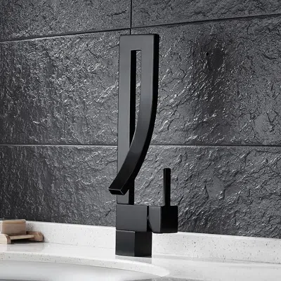 Homary Modern Design Single Handle 1-hole Black Bathroom Sink Faucet With Waterfall Spout Brass