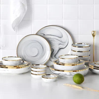 Homary Modern Dinnerware 18-piece White&gray Ceramic Dinnerware Gold Rim