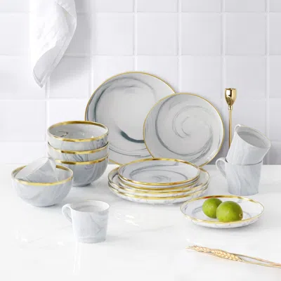 Homary Modern Dinnerware With Mugs 16-piece White&gray Ceramic Dinnerware Gold Rim