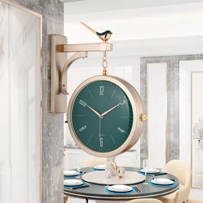 Homary Modern Double-sided Wall Clock Green Minimalist Hanging Clock In Gold