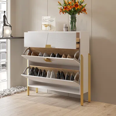Homary Modern Entryway White Shoe Storage For 10 Pairs Shoes Narrow Shoe Cabinet With 2 Flip Doors & 1 Draw